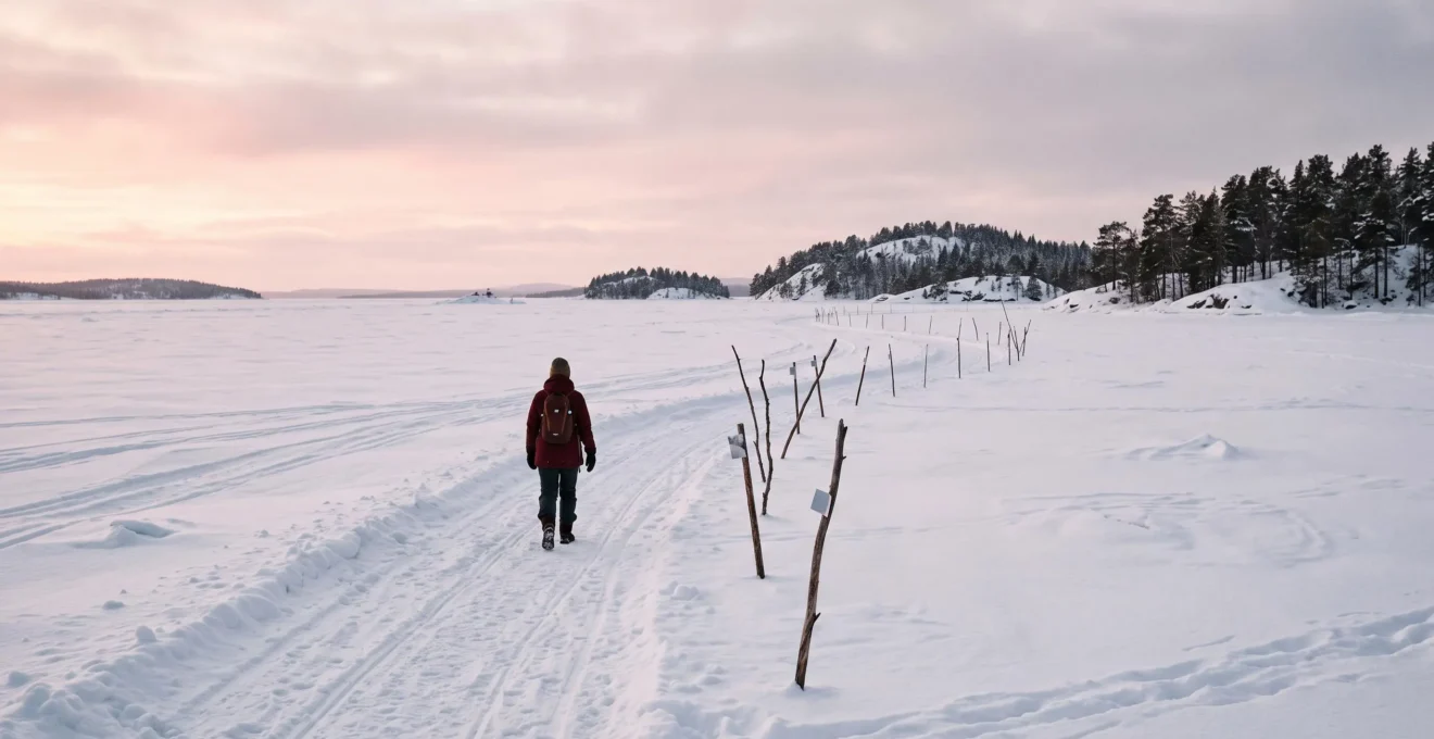 Une personne marche sur une route de glace balisée entre les îles enneigées de l'archipel de Luleå en hiver.
