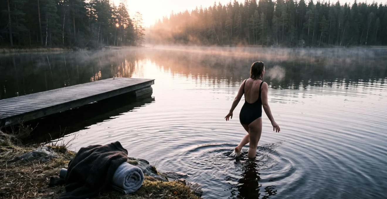 Une baigneuse entre lentement dans l'eau froide d'un lac suédois entouré de forêt à l'aube, dans une légère brume matinale.
