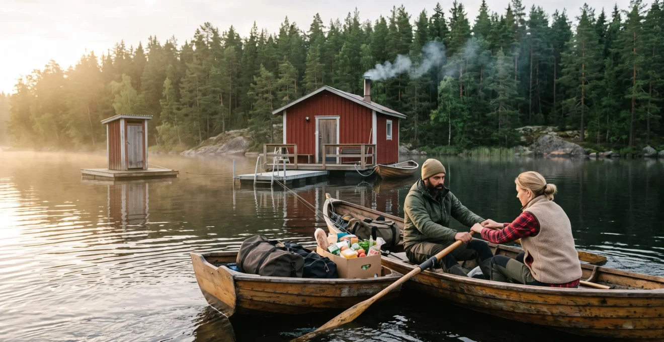 Une barque avec deux personnes et des bagages s'approche d'une cabane flottante en bois rouge posée sur un lac entouré de forêt en Suède.