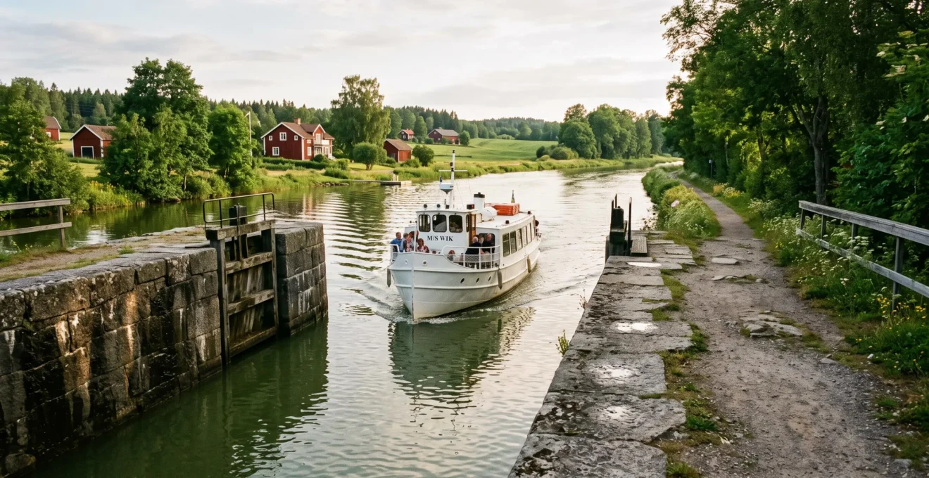 Un bateau de canal blanc navigue sur une section étroite du canal Göta bordée de murs de pierre et d'arbres en Suède