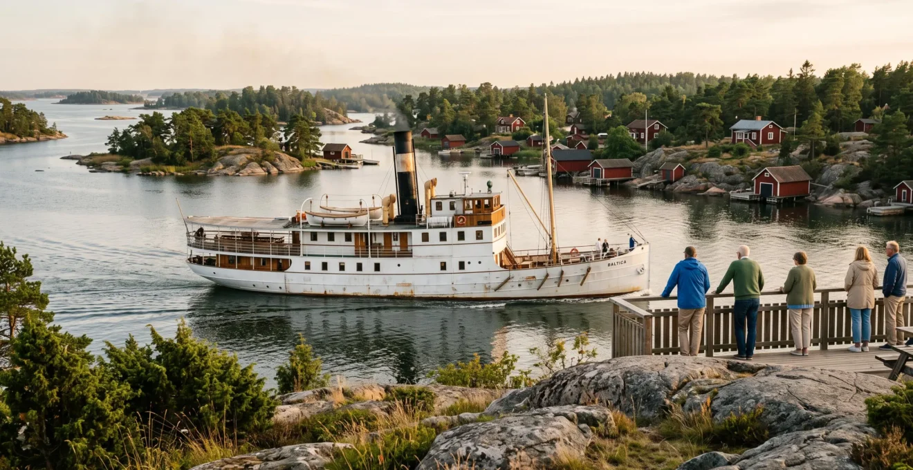 Un bateau à vapeur blanc ancien navigue parmi les îlots rocheux d'un archipel nordique avec des passagers au garde-corps.