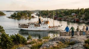 Un bateau à vapeur blanc ancien navigue parmi les îlots rocheux d'un archipel nordique avec des passagers au garde-corps.