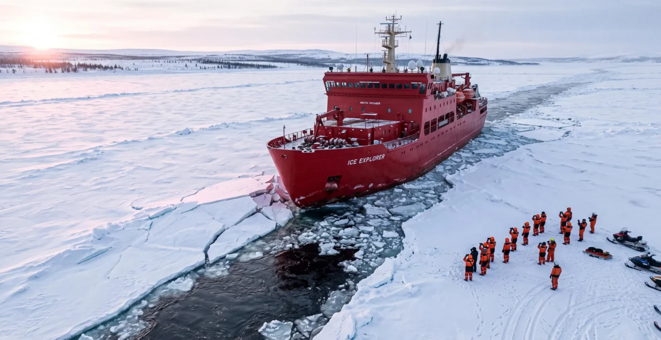 Un brise-glace avance dans un chenal ouvert au milieu d'une mer gelée, tandis que des passagers en combinaisons thermiques orange observent depuis la banquise.