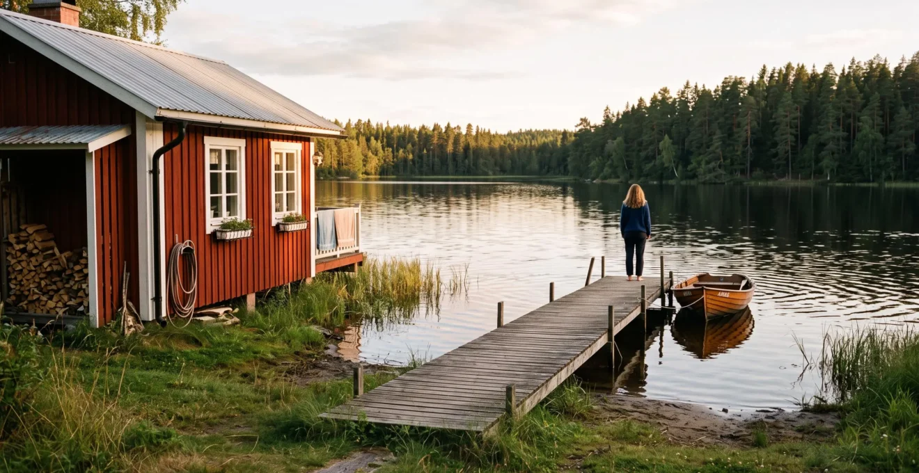 Une cabane en bois rouge au bord d'un lac suédois, avec un ponton privé menant directement à l'eau et une femme debout au bout du ponton.