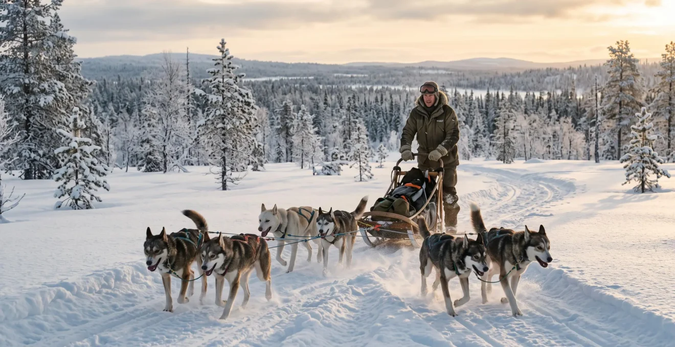 Une personne conduit un traîneau à chiens attelé à une meute de huskies à travers une forêt enneigée sous une lumière d'hiver.