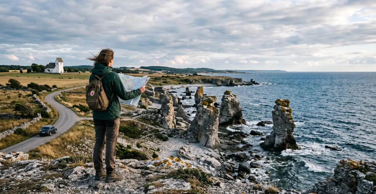 Un voyageur consulte une carte au bord de la côte de Gotland, près de formations calcaires face à la mer Baltique, avec une église rurale au loin.
