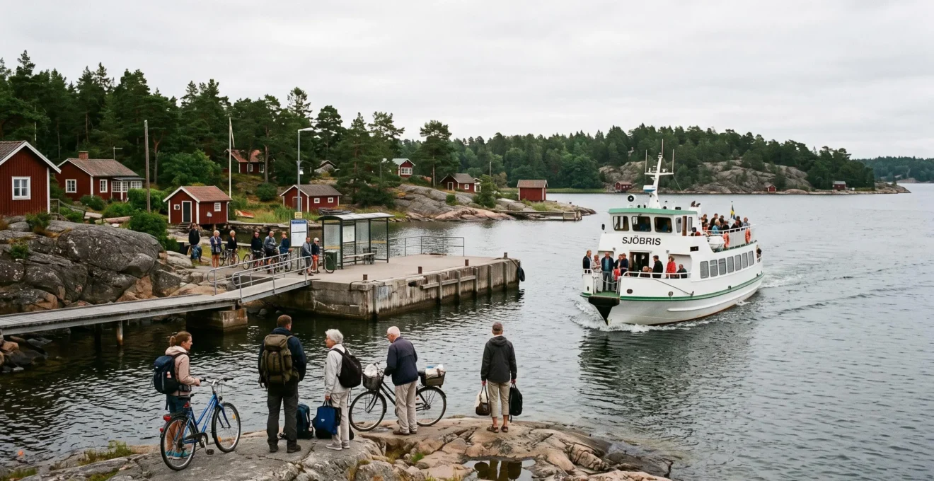 Un ferry de passagers s'approche d'un quai d'île de l'archipel de Stockholm où des voyageurs avec sacs à dos attendent parmi des maisons de bois rouges et des rochers.