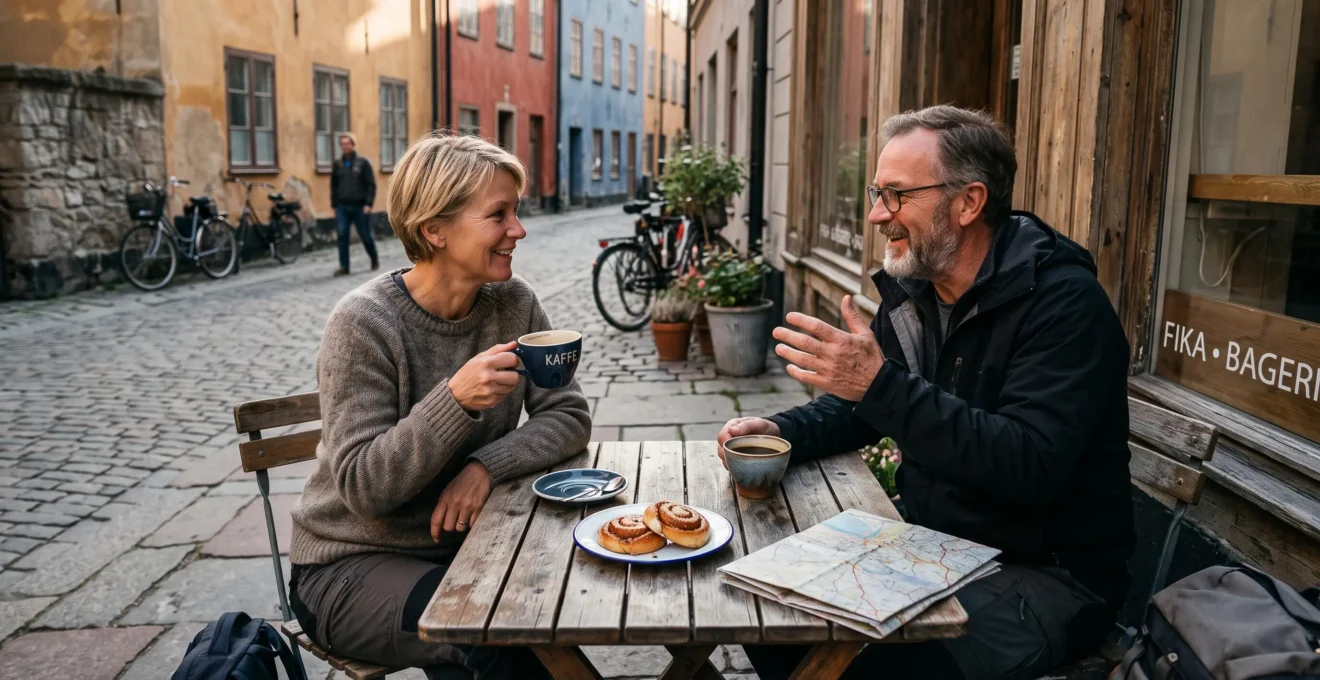 Deux voyageurs attablés en terrasse d'un café suédois partagent un fika, avec des tasses de café et des brioches à la cannelle sur une table en bois.