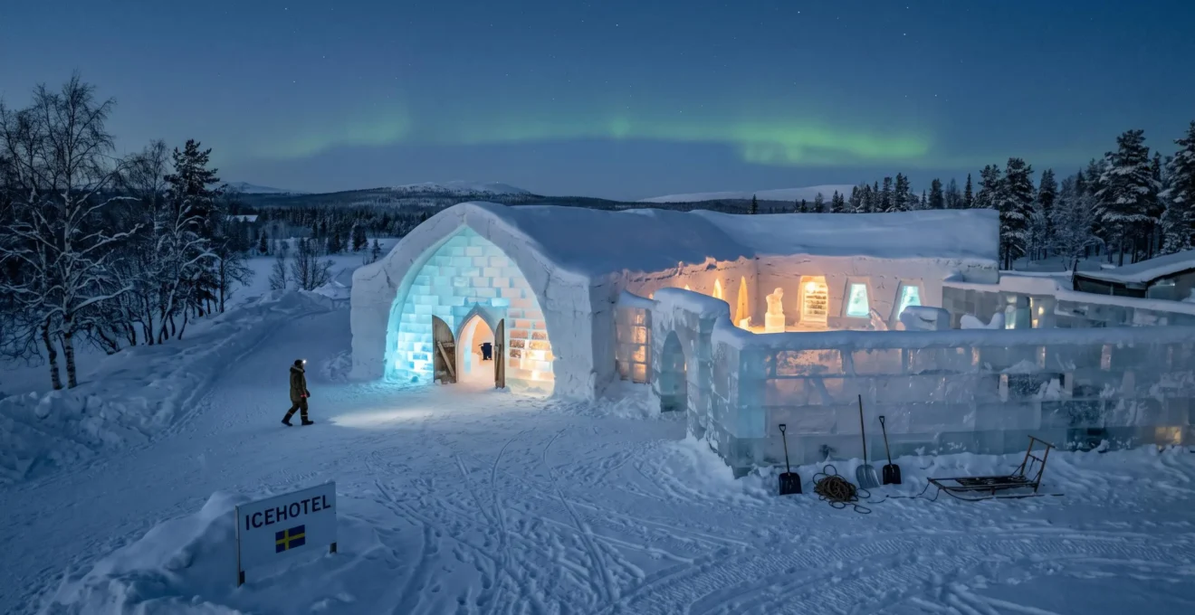 Un hôtel de glace illuminé dans la neige sous le crépuscule arctique en Laponie suédoise