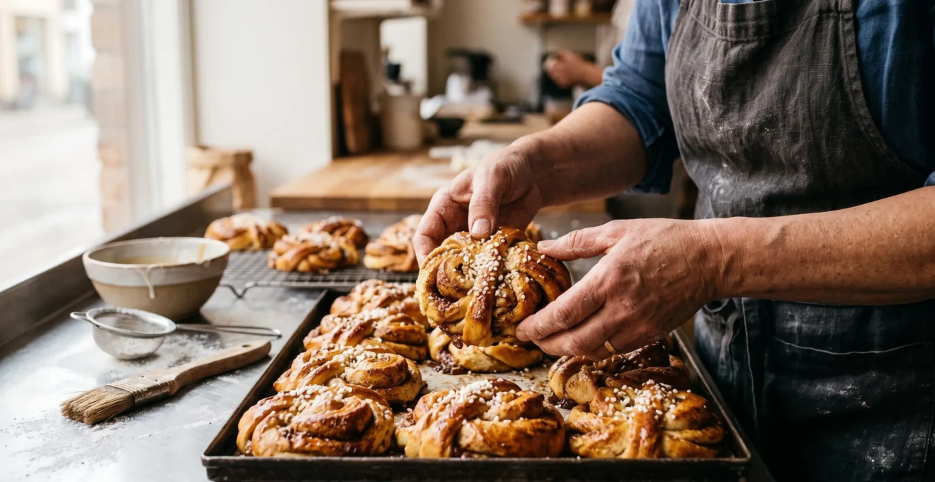 Un boulanger soulève une fournée de kanelbullar torsadées à la main sortant du four, avec de la cardamome visible dans la pâte et un glaçage brillant au sucre perlé.