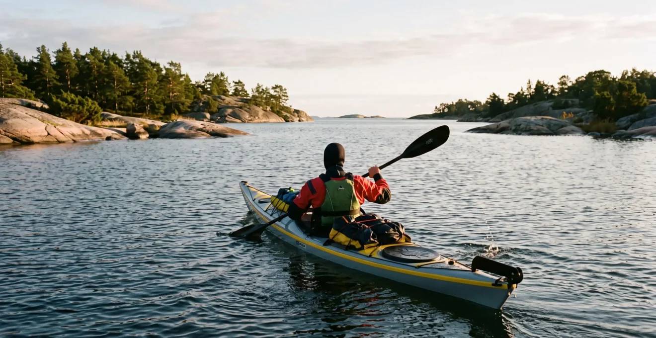 Un pagayeur en combinaison étanche traverse en kayak de mer un archipel baltique d'îles de granit sous une lumière de fin de journée.