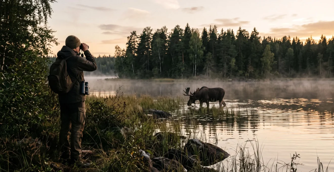 Un observateur immobile regarde aux jumelles un élan qui se nourrit au bord d'un lac entouré de forêt boréale, à la lumière crépusculaire.