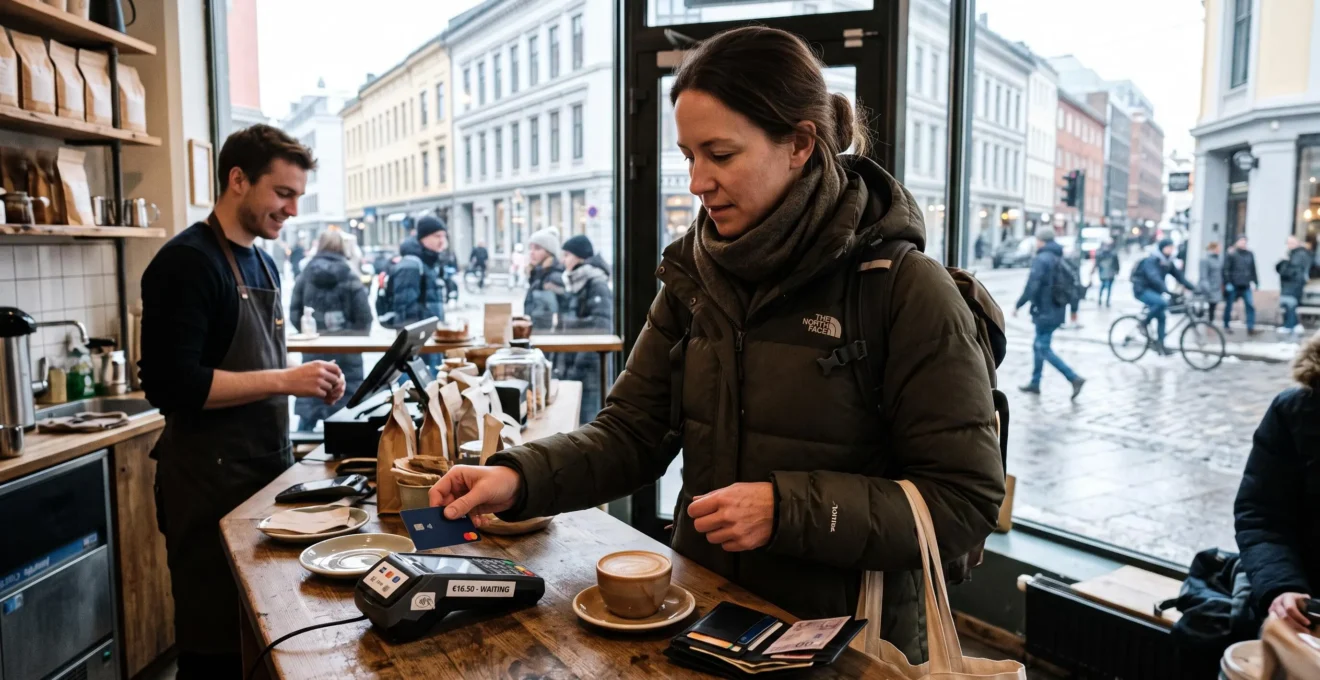 Un voyageur valide un paiement sans contact par carte sur un terminal posé au comptoir d'un café en ville.