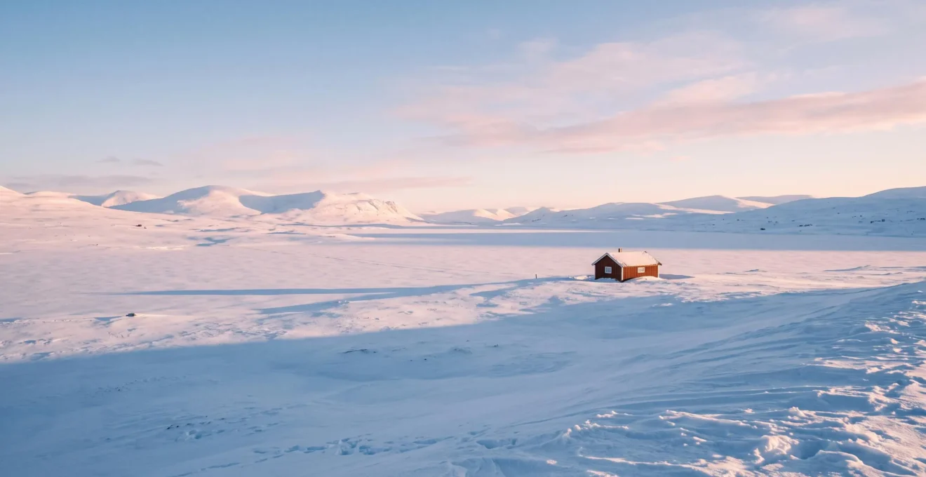 Paysage polaire suédois en hiver avec monts fjäll arrondis, neige vierge, longues ombres bleues et soleil rasant au-dessus de l'horizon.