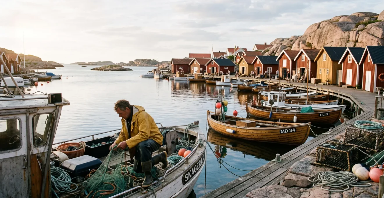 Un pêcheur manie des filets sur son bateau amarré dans un port de village côtier de Bohuslän, avec des maisons de pêcheurs en bois rouge et des rochers de granit rose en arrière-plan.