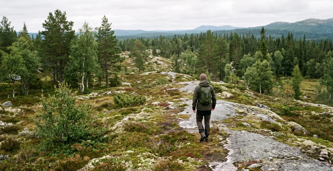 Un randonneur marche seul à travers une forêt boréale ouverte, traversant librement un terrain naturel sans clôture ni sentier balisé.
