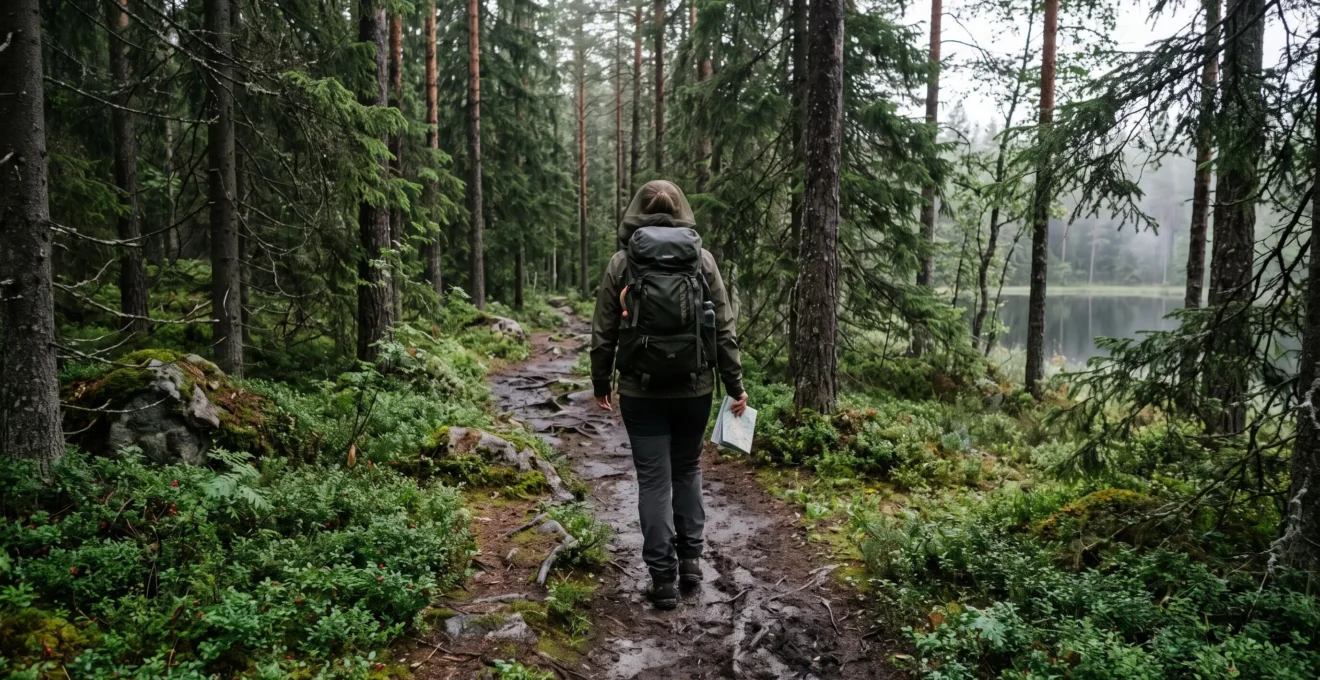 Un randonneur solitaire marche sur un sentier étroit au milieu d'une forêt boréale dense de conifères, carte en main.