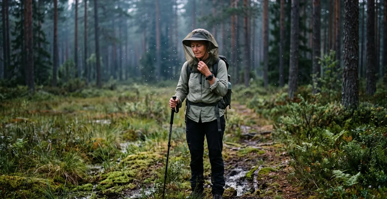 Une randonneuse porte une moustiquaire de tête ajustée sur son chapeau dans une forêt boréale suédoise au crépuscule, entourée de moustiques en plein vol.