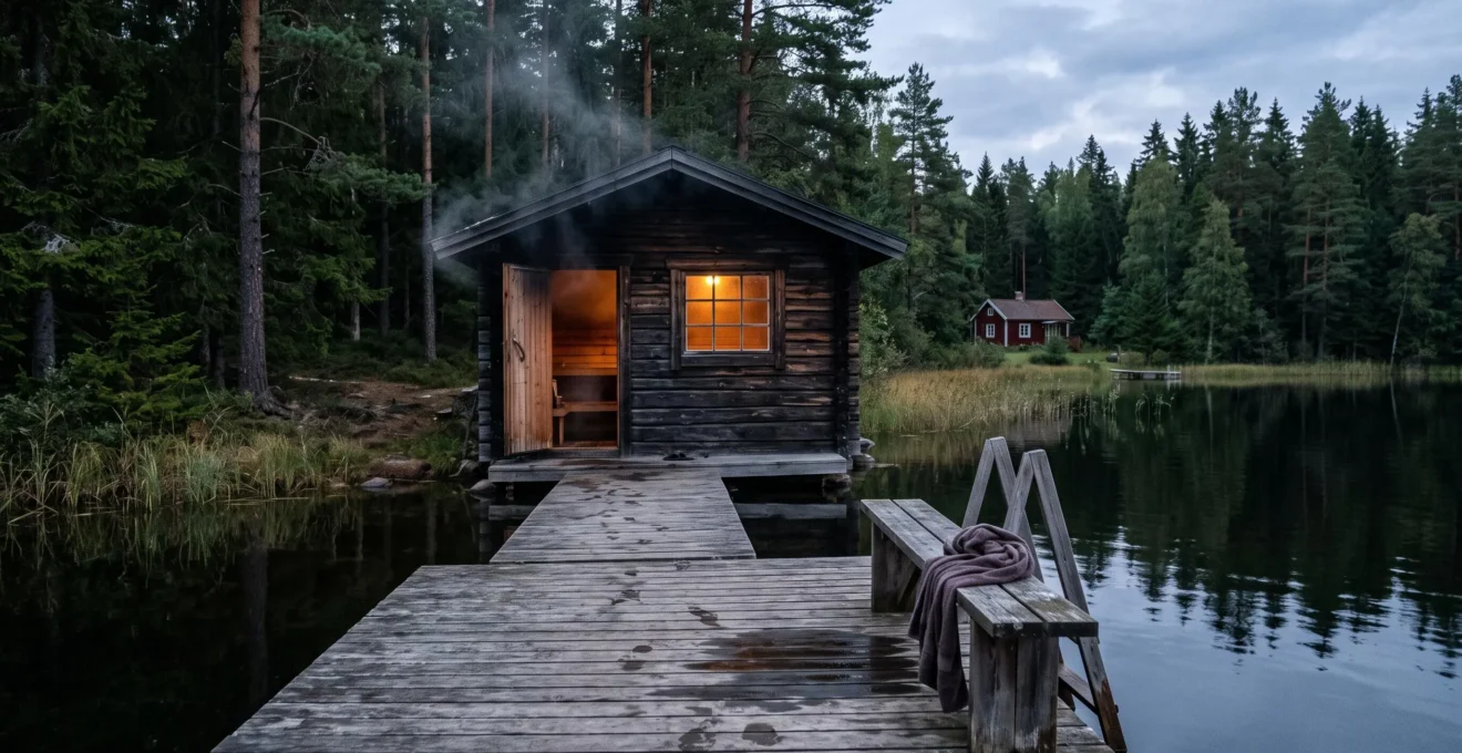 Cabane en bois sombre servant de sauna privé au bord d'un lac suédois, avec vapeur s'échappant de la porte et ponton en bois au premier plan au crépuscule.