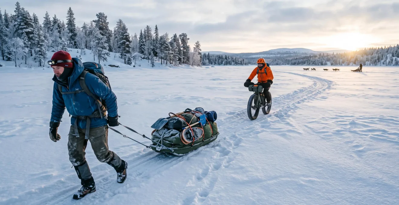 Un groupe de voyageurs équipés traverse un lac gelé enneigé en Laponie, l'un tirant une luge d'expédition, un autre à vélo à roues larges, avec des traîneaux à chiens visibles au loin.