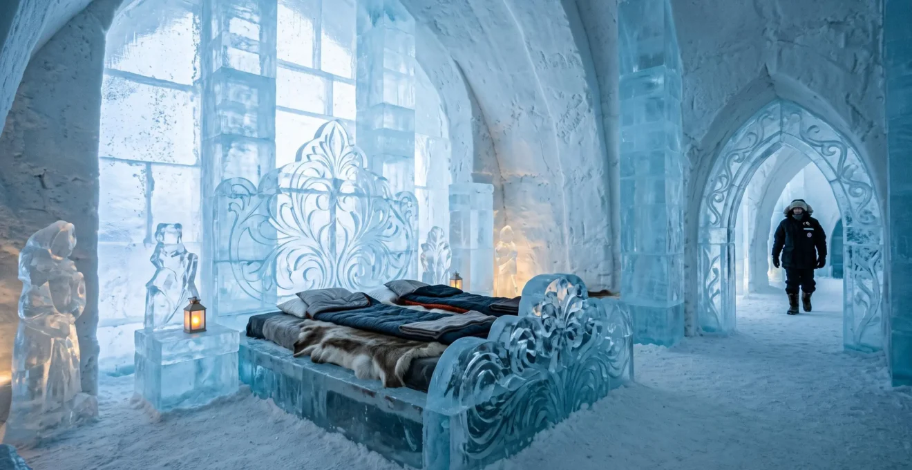 Chambre d'art entièrement sculptée dans la glace translucide bleue à l'intérieur d'un hôtel de glace, avec lit sculpté et parois taillées.