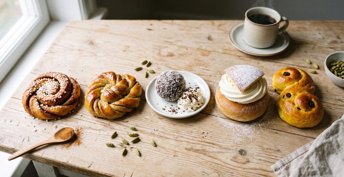 Cinq brioches suédoises variées disposées sur une planche : kanelbulle, kardemummabulle, semla et lussekatt, près d'un café filtre fumant