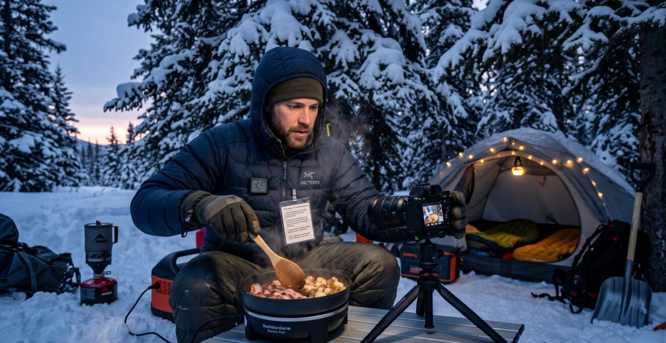 Cameraman utilisant le portable skottelorebene electric pan outdoors beneath snowy canopy twilight documenting camping experience remaining alert temperatures dipping fast low equipping readers proven approaches shelter safety systems minus twenty environment.