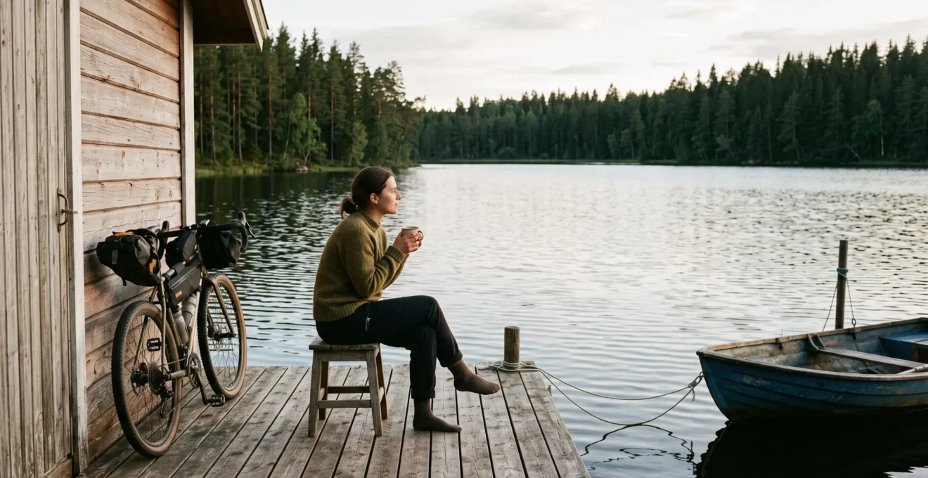 Un voyageur assis sur le pont d'une cabane au bord d'un lac, une tasse chaude entre les mains, un vélo appuyé contre le mur et une forêt de pins en arrière-plan.