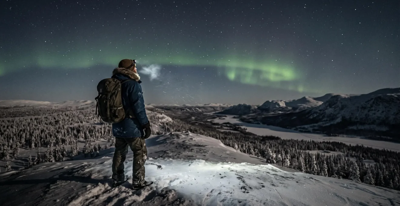 Une voyageuse en tenue hivernale observe une aurore boréale au-dessus d'un paysage enneigé du cercle polaire.