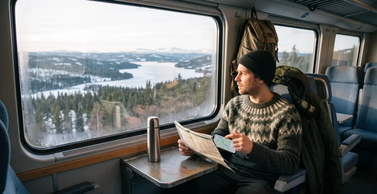 Un voyageur assis près de la fenêtre d'un train suédois consulte un horaire ferroviaire tout en observant le paysage nordique.